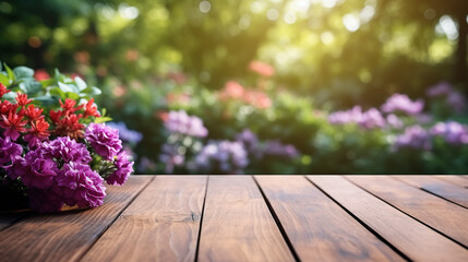 Fototapeta na wymiar Wood table with flowers on blurred background