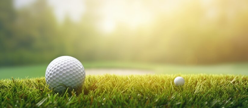 Golf ball on grass in fairway green background, Banner for advertising with copy space, Sport and athletic concept, copy space