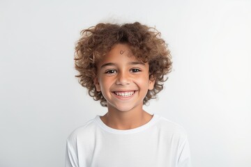 Portrait of a cute little boy with curly hair on white background
