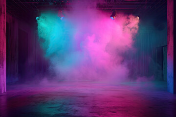 An illuminated stage featuring scenic lights and smoke effects. A pink and blue neon vector spotlight casts its glow amidst the smoke, creating a voluminous light effect