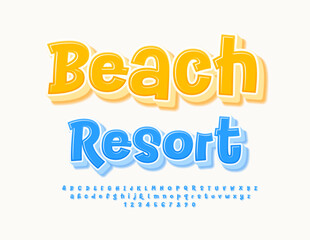 Vector advertising Poster Beach Resort. Creative Blue 3DD Font. Funny modern Alphabet Letters and Numbers set.
