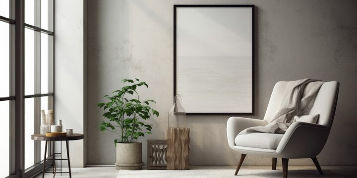 mock up poster frame in modern interior background, living room, Scandinavian style, 3D render 