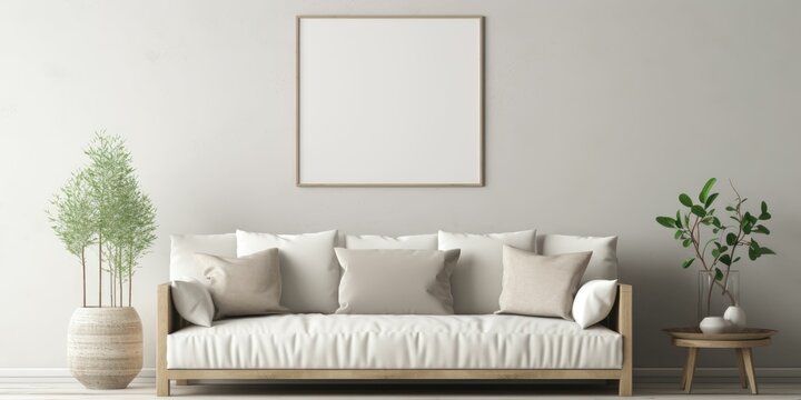 mock up poster frame in modern interior background, living room, Scandinavian style, 3D render 