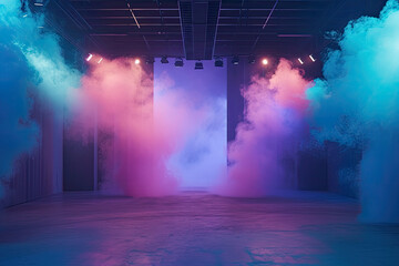 An illuminated stage featuring scenic lights and smoke effects. A pink and blue neon vector spotlight casts its glow amidst the smoke, creating a voluminous light effect