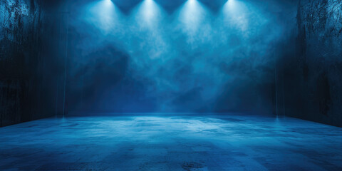 An illuminated stage featuring scenic lights and smoke effects. A blue vector spotlight casts its glow amidst the smoke, creating a voluminous light effect against a black backdrop