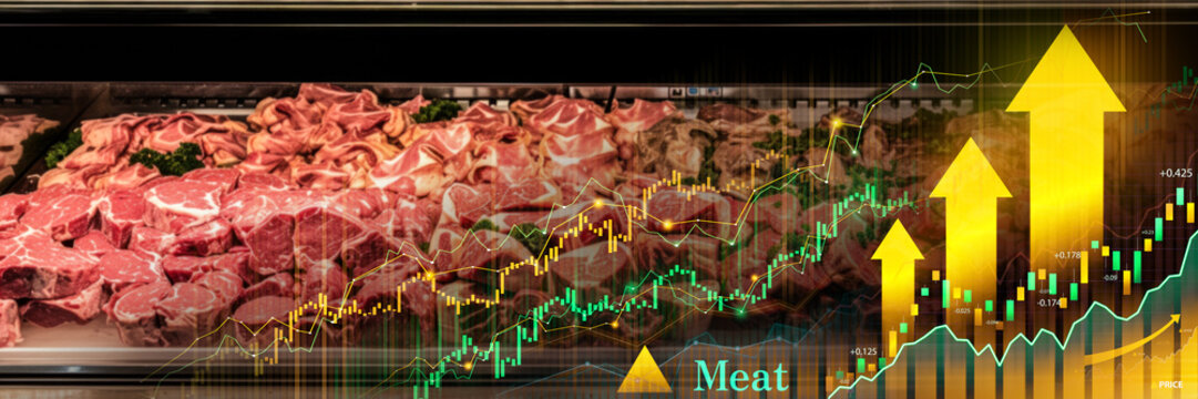 Close-up view of a meat price display at a butcher shop with various cuts of meat and their prices