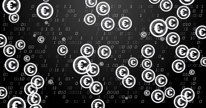Animation of euro dollar sign, binary coding and financial data processing