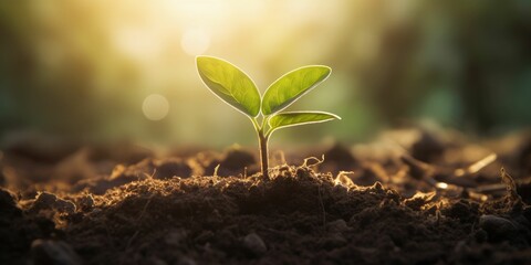 Young green plant growing in soil with sunlight. Ecology and environment concept