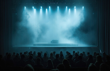 An illuminated stage featuring scenic lights and smoke effects. A blue vector spotlight casts its glow amidst the smoke, creating a voluminous light effect against a black backdrop