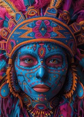 Woman with colorful headdress wearing a colorful face with colorful hair