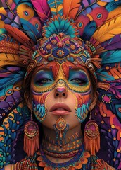 Woman with colorful headdress wearing a colorful face with colorful hair