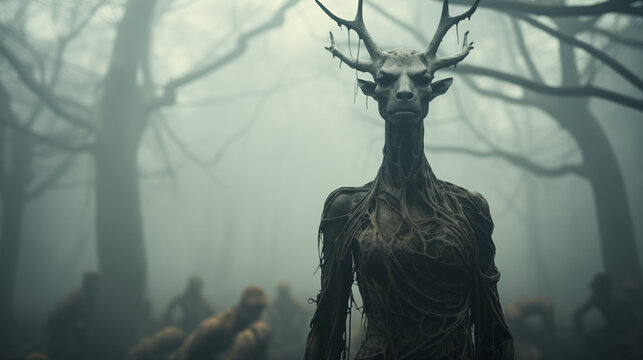 Humanoid monster in fog from horror movie, fear, scary stories, evil