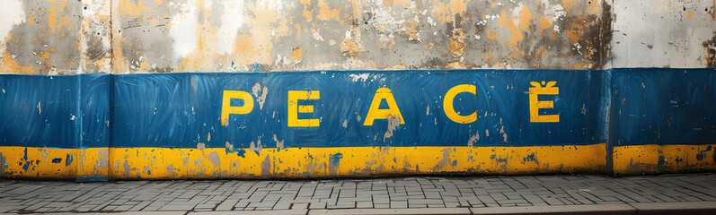 Ukrainian flag with the word "PEACE" on a wall. Warlike conflict. War Russia - Ukraine.