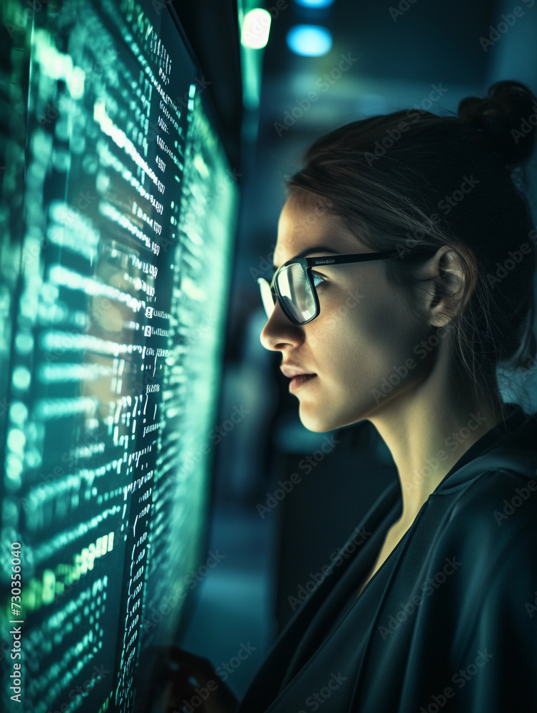 Poster woman programmer looking at lines of code on a screen