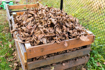 A composter made of wooden boards filled with dry leaves.