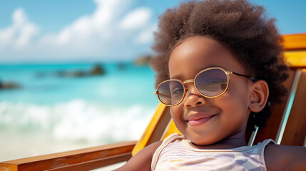 Portrait of a happy smiling african american cute child relaxing on wooden deck chair at tropical beach