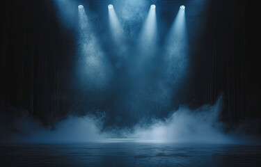 An illuminated stage featuring scenic lights and smoke effects. A blue vector spotlight casts its glow amidst the smoke, creating a voluminous light effect against a black backdrop