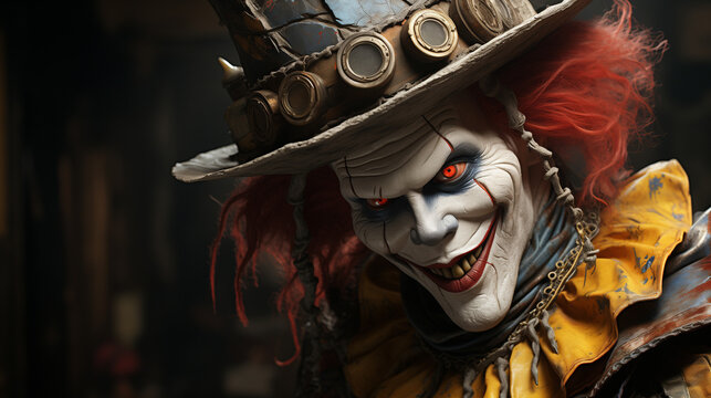 
A clown with a scary smile, a horror movie, an evil clown, a ghost