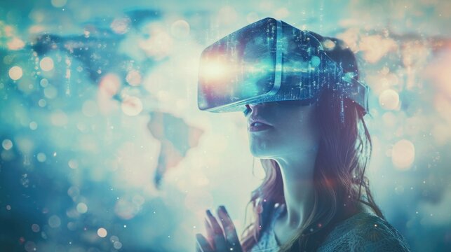 Portrait of woman using virtual reality headset against bokeh background