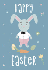 Happy Easter illustrations. Easter eggs, rabbit. Perfect for a poster, cover, or postcard