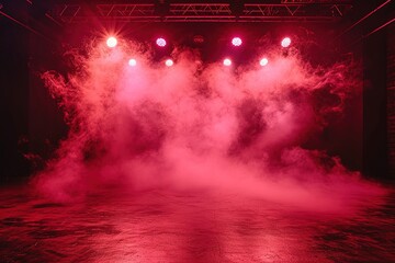 The dark stage shows, red background, an empty dark scene, neon light, spotlights The asphalt floor...