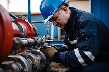 Professional worker in oil and gas plant conducts pump maintenance