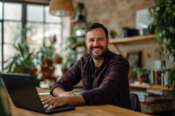 Happy matured executive manager smiling while seated in a co working space with greenery surrounding, wooden office interior, handsome senior man sit in front of a laptop computer in a modern interior - Powered by Adobe