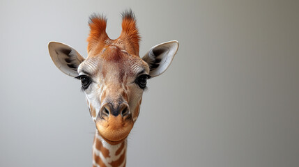 Muzzle of cute giraffe on grey background. Selective focus. Copy space. Funny photo. Animal care concept. - obrazy, fototapety, plakaty