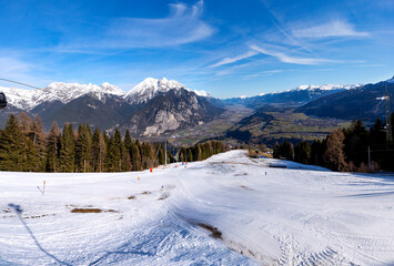 Alpine ski resort in Oberperfuss in the Alps, Tirol, Austria - obrazy, fototapety, plakaty