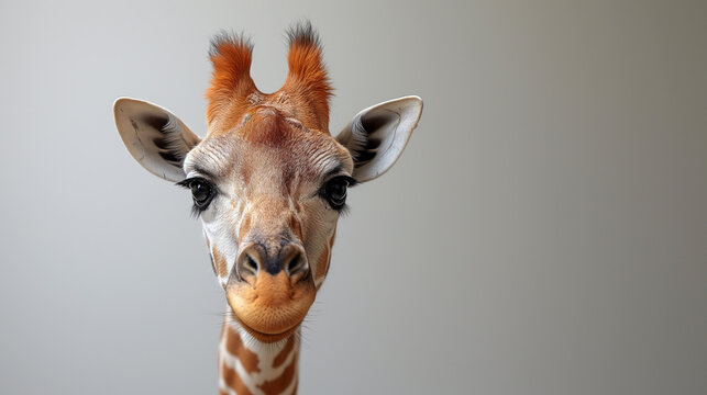 Muzzle of cute giraffe on grey background. Selective focus. Copy space. Funny photo. Animal care concept.