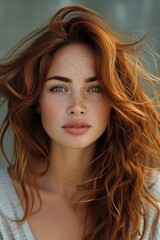 Naklejka premium Stunning Portrait of a Caucasian Redhead Woman With Freckles, Intense Gaze, and Windblown Hair - Elegance Through Generative AI.