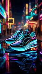A pair of trainers with a neon reflection on the floor. The trainers are black with a thick sole and three neon straps at the top. The scene has a cyberpunk vibe with bright neon lights