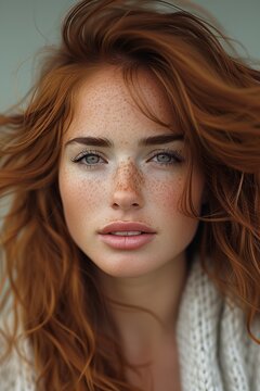 Stunning Portrait of a Caucasian Redhead Woman With Freckles, Intense Gaze, and Windblown Hair - Elegance Through Generative AI.