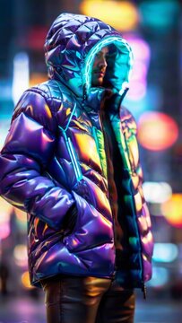 A person wearing a purple and blue holographic jacket stands in the rain on a city street.