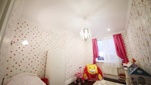 Empty room for girl with many toys, tent, bed and doll house