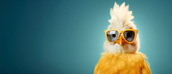 Funny punk chicken with sunglasses, turquoise background and space for text