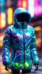 Iridescent Jacket on a Mannequin in a Vibrant City at Night