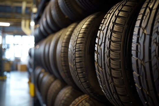 Close to hand, a tire pick up at a large car tire warehouse, a customer's car tire rack at a tire dealer's warehouse