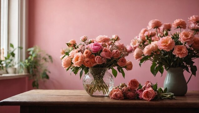 a bunch of flowers that are sitting on a table with a pink wall in the backround of the picture, with the flowers in the foreground.