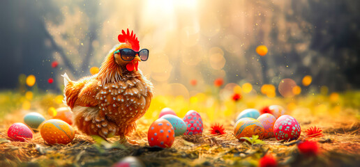 A funny hen with sunglasses sits between colored easter eggs in the nature. Easter concept - obrazy, fototapety, plakaty