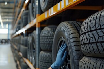 Close to hand, a tire pick up at a large car tire warehouse, a customer's car tire rack at a tire dealer's warehouse