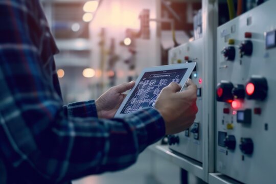 Electrician checking an electrical installation close up. Electricity and electrical maintenance service. Medium voltage switchgear