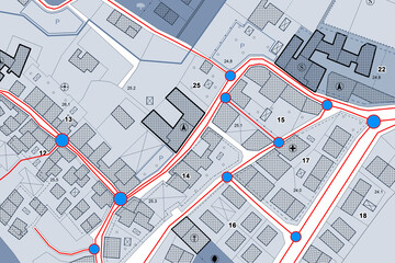 Layout of facilities and services systems, plant engineering located below street level - concept with imaginary cadastral map