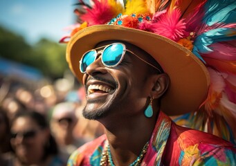Brazilian Carnival. Young man enjoying the carnival party blowing confetti and flower. Carnival day in Brazil, dance at street party. Man in costumes celebrate Brazilian Carnival