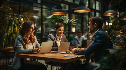 Fototapeta premium attractive people having a business meeting in a modern cafe. People meeting communication business brainstorming, teamwork concept.