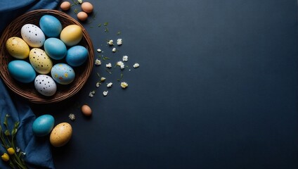 easter banner with painted eggs and napkin on dark blue backround top view flat lay with copy space