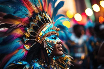Papier Peint photo autocollant Carnaval Beautiful Brazilian woman, dressed in carnival clothes, dancing. Brazilian wearing Samba Costume, beautiful samba dancer performing at Carnival. Portrait. 