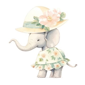Cute little elephant with hat and flowers. can be used for cards and invitations and for baby shower