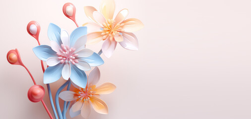 Obraz premium Happy women's day. Mother's day. 8 march. Flowers on stem with leaves, Blossom floral bouquet. Flowers in plastic 3d. spring flowers. Flower made from plastic bottles recyclable garbage concept.
