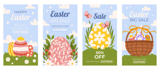 Easter promotion collection of vertical social media template. Design on sky blue background with painted eggs, floral elements, basket full of eggs. Hand drawn Spring sale set
